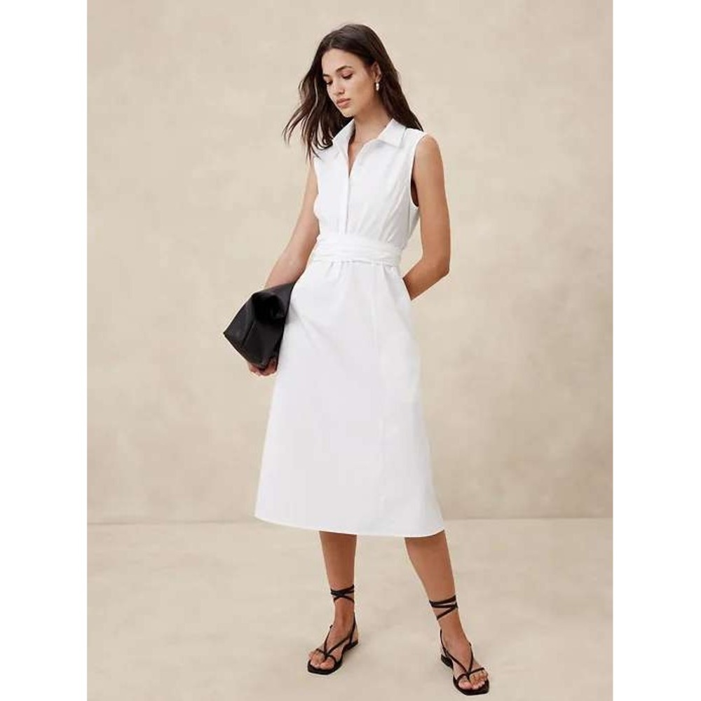 Banana Republic Shirt Dress Women Medium White Sleeveless Poplin Midi Wrap Tie